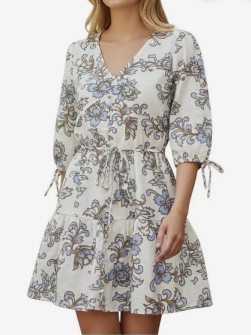Joie Cream Floral V-Neck Tie-Waist Mini Dress with Light Blue Accents